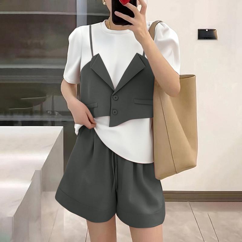 

ZANZEA Женские лоскутные футболки с коротким рукавом и шорты Летние костюмы-двойки S