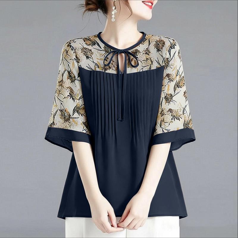 ZANZEA Women Casual Round Neck Print Splice Loose Half Sleeve Blouse