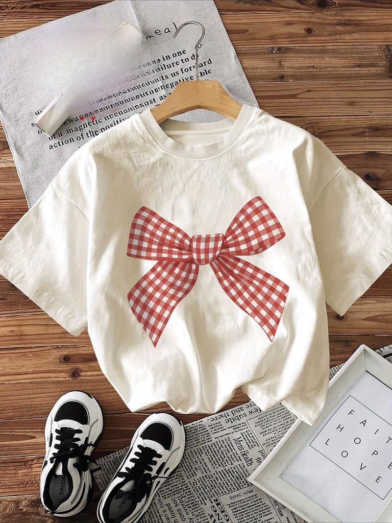 Women's Casual Short Sleeve Crew Neck T-Shirt Gingham Bow Graphic Print Comfort Regular Fit Ladies Summer Daily Clothing