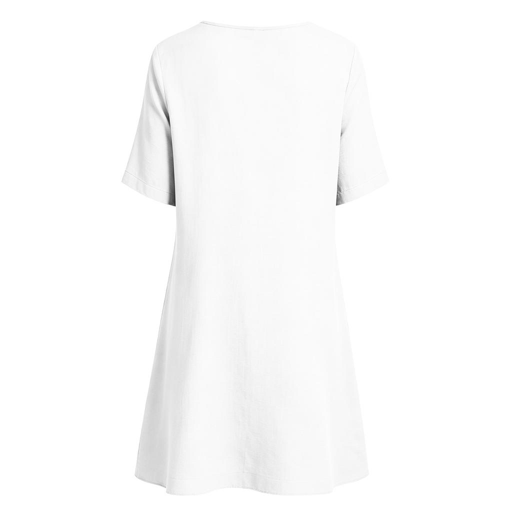 Women's Casual Fashion Dress Round Neck Short Sleeve Dress with Pockets Embroidered Front Panel Relaxed Fit