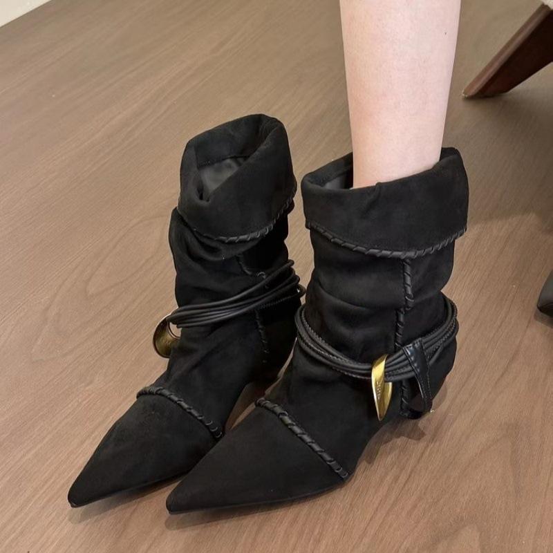 Vintage Maillard! Temperament suède puntige metalen gesp opgestapelde laarzen dames 2025 herfst en winter geweven two-wear korte laarzen