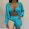 Summer Beach 3pcs Set Outfits Women Fashion Sexy Cardigan Blouse Tops + Shorts Set Lady Casual Lanter Sleeve Loose Short Pants Suits Leaf Print Sets