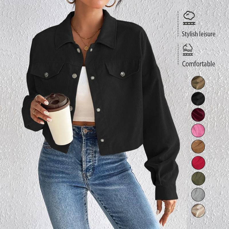 2024 Autumn and Winter Cross-border Amazon Europe, America, Temperament Slim-fitting Short Zipper Cardigan Polo Neck Corduroy Jacket