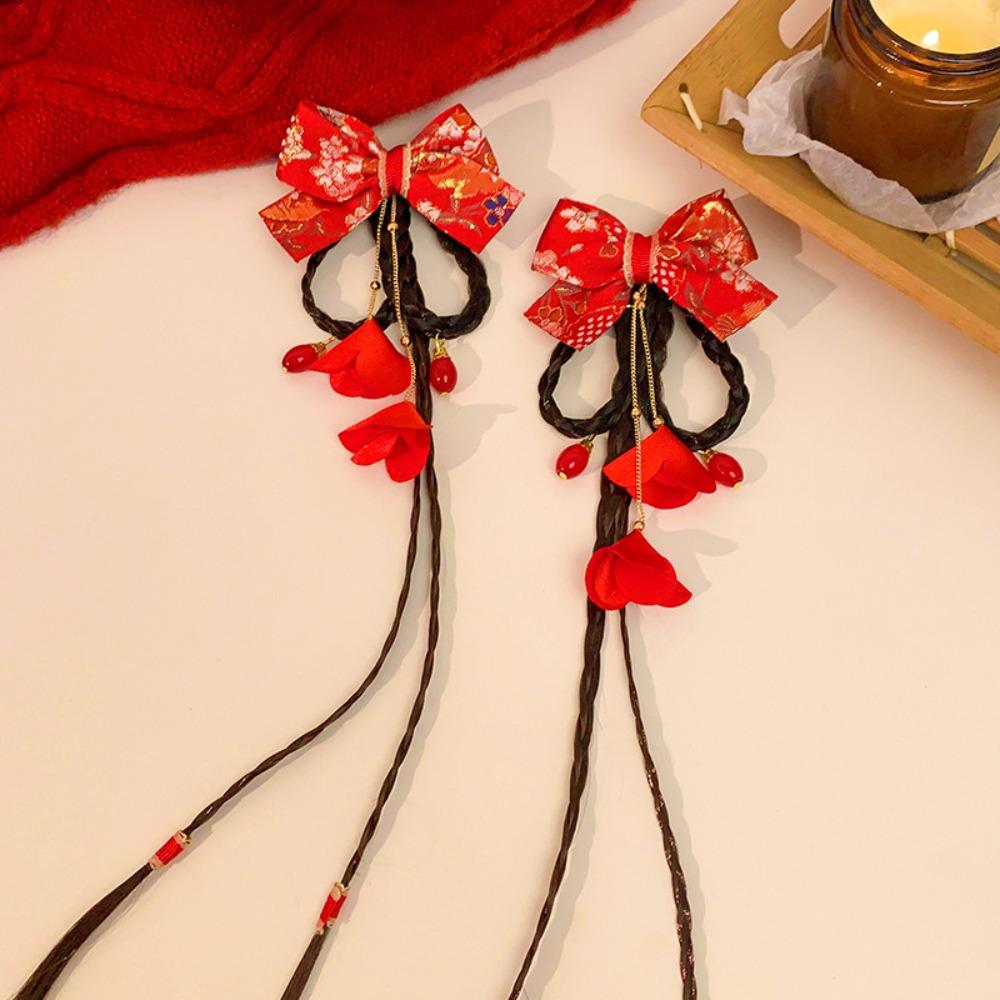 Wig Plush Ball Hairpin Ribbon Princess Forehead Chain Sweet Red Bow Hair Clip Women