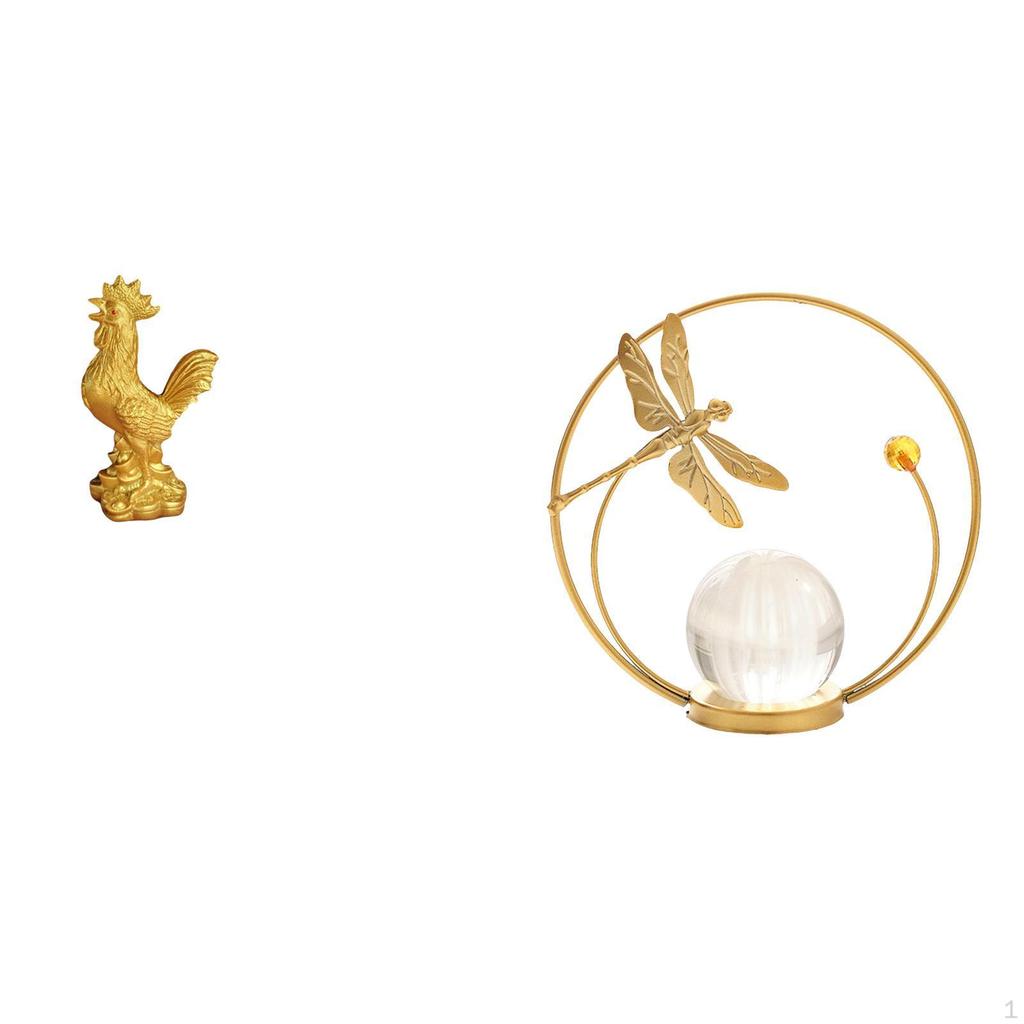 Chicken Figurine Feng Shui Decor Crystal Ball Sculpture Metal Statue Ornament for Birthday