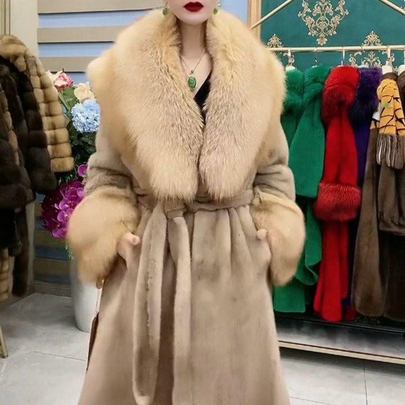 Høst og vinter imitasjon minkkåpe pelskåpe dame lang pelskåpe imitasjon revepelskrage stor størrelse high-end bomullsklær
