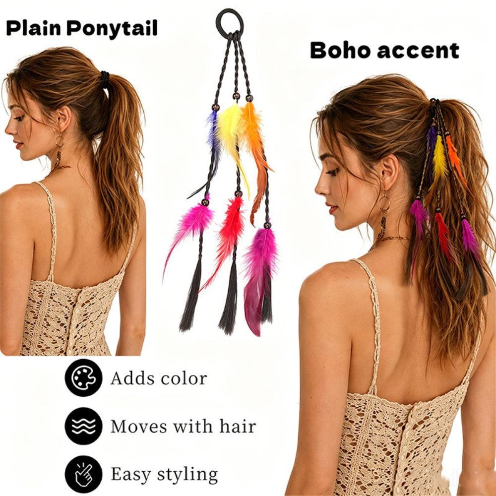 2pcs Rubber Band Headband Bohemian Feather Hair Extensions Handmade Twist Braid Ponytail Daily Use