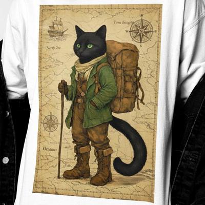 Black Cat Explorer Shirt | Adventure Cat Graphic Tee | Hiking Travel Animal Art | Vintage Map Style | Black Cat Owner Gift