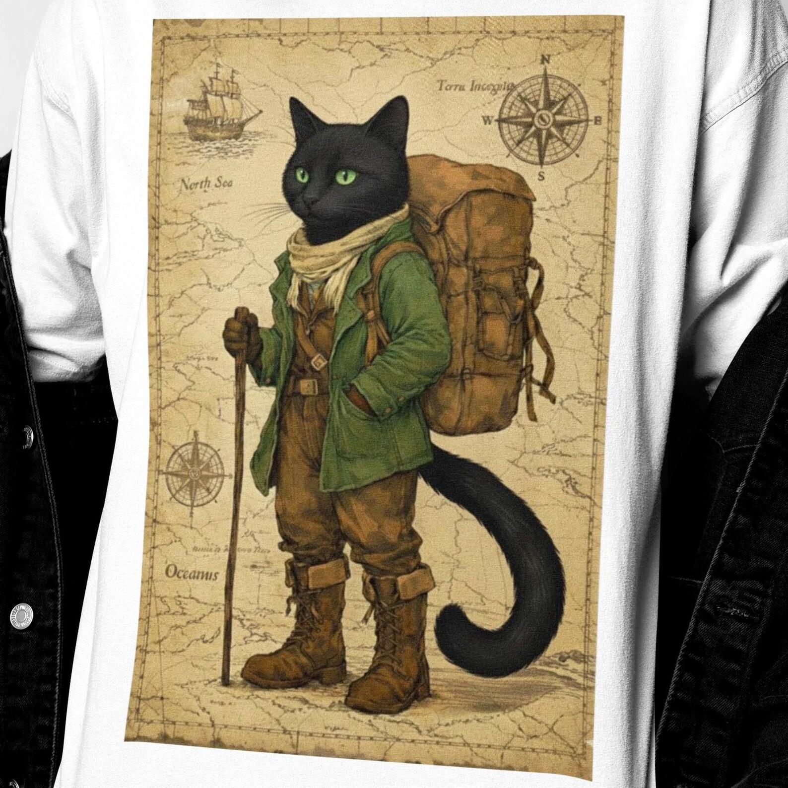 Black Cat Explorer Shirt | Adventure Cat Graphic Tee | Hiking Travel Animal Art | Vintage Map Style | Black Cat Owner Gift M