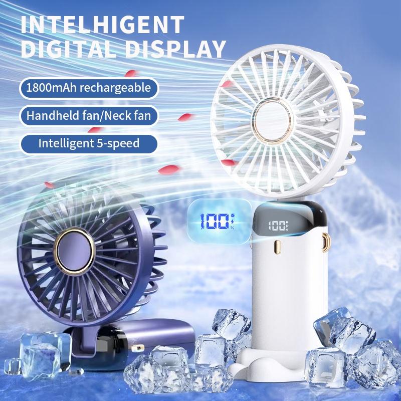 Portable Handheld Mini Fan 1800mAh Foldable Neck Hanging Fans 5 Speed Adjust USB Charge Fan With Phone Stand LED Display Screen