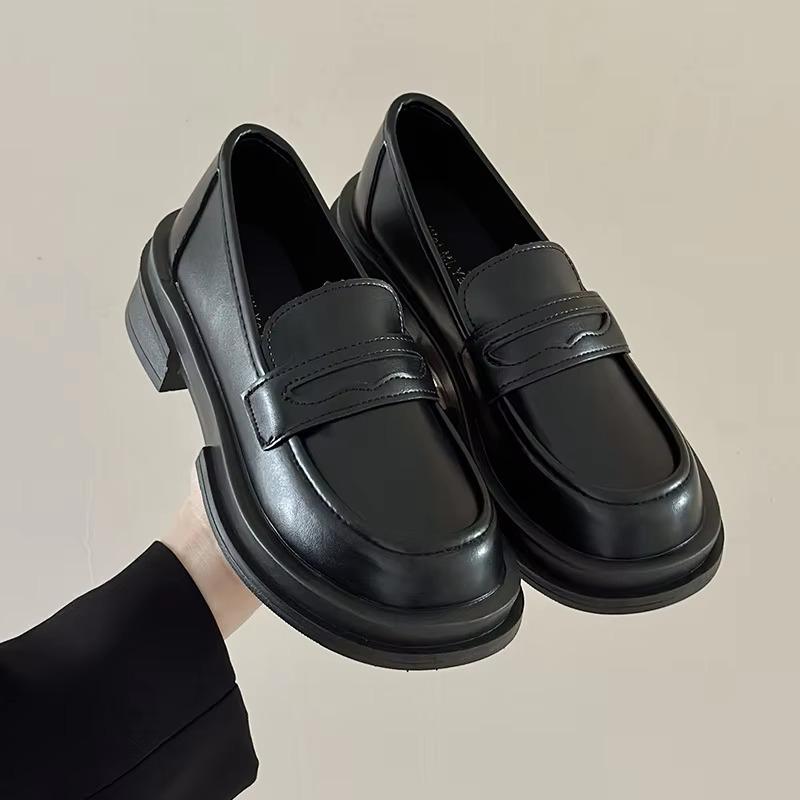 Classic Loafers Women's Heels 4.5cm Wide Heel Pumps Slip-on Casual Shoes Black Brown Preppy Loafers Girl JK Lolita Leather Shoes