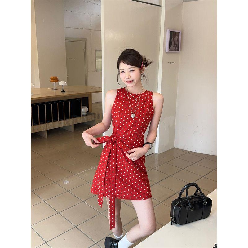 Kumikumi Retro Red Polka Dot Sleeveless One Piece Dress Women Clothing Summer Elegant Lace-up Waist Hugging Slimming Vest Dress