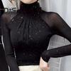 Women Long Sleeves Top Sexy Black Vintage French Pleated Mock Turtleneck Solid Color Slim Fit Soft Stretch Ladies Female Long Sleeves Shirt Undershirt