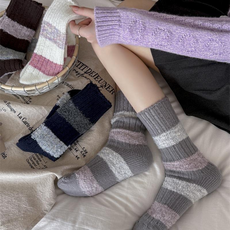 Women's Autumn and Winter Thickened Warm Contrast Color Striped Wool Long Stack Socks
