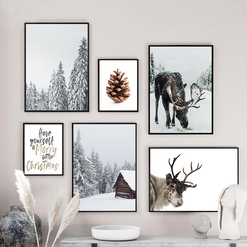 Christmas Posters and Prints Winter Scene Forest Cabin Deer Canvas Painting Nordic Wall Art Print for Home Room Decor No Frame