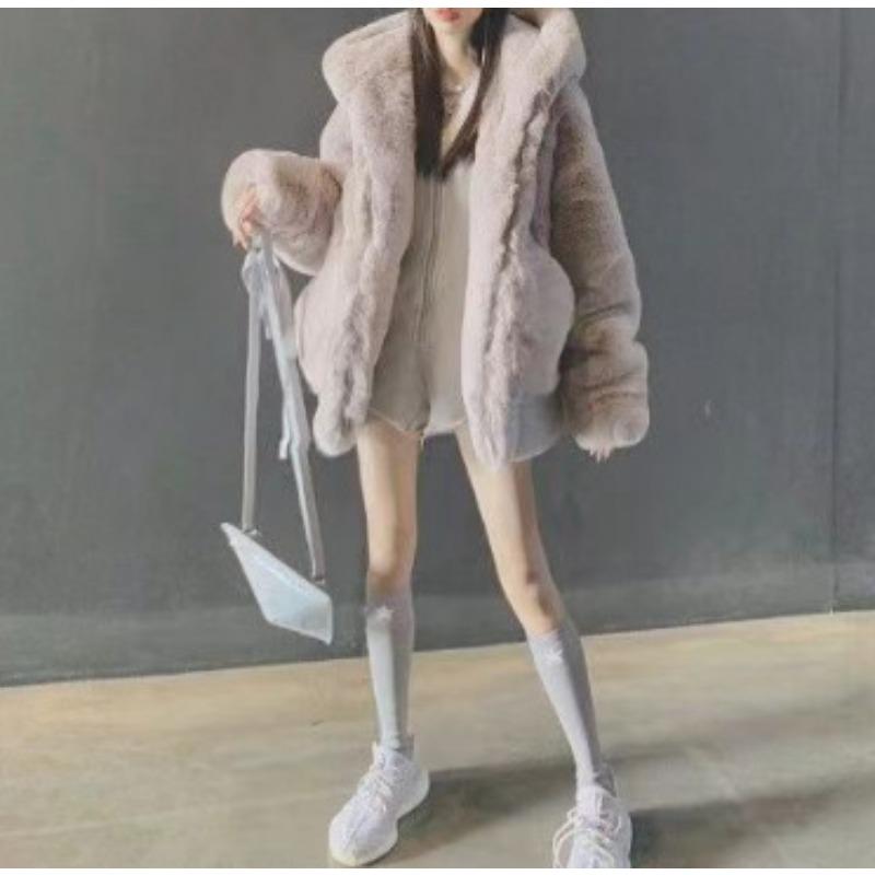 

Hairy jacket women s imitation fur loose light winter hoodie imitation Rex rabbit hair medium and long plush coat XXL абрикосовый