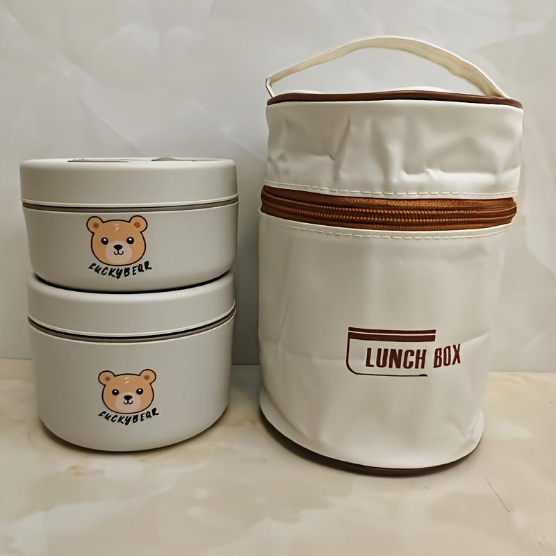 Cute Bear Pattern Stainless Steel Insulated Lunch Box, microwave-safe, multi-layer sealed portable bento box for students and office workers.