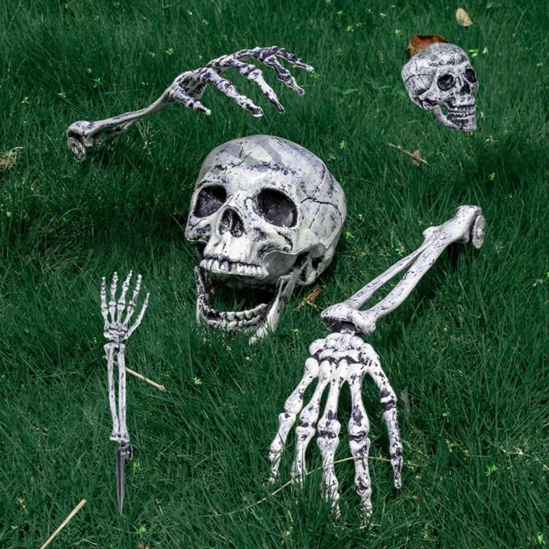 Halloween Skull Hand Arm Yard Stake Lifelike Skeleton for Head Figurine Garden Decoration Haunted House Props