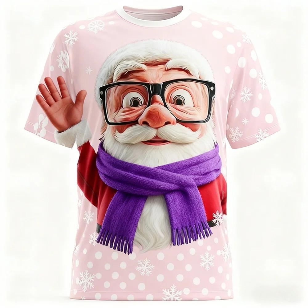 Fun Santa Claus 3D Print Sporty Men T-shirt Casual Loose Street Christmas Party Harajuku Cartoon Cute Short-sleeve Clothing Top