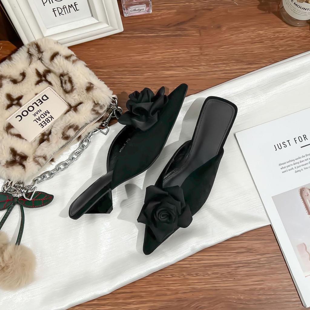 French Pointed Single Shoes Camellia Bag Head Cool Slippers Women's Summer Versatile Muller Shoes Women's 2025 Casual High-heeled Sandals