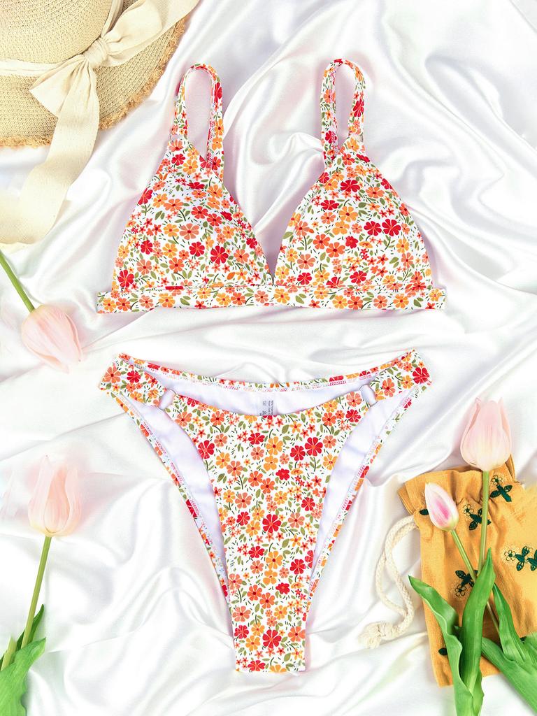 Small Floral Print Backless Sexy Two Piece Swimsuit Elegant For Vacation