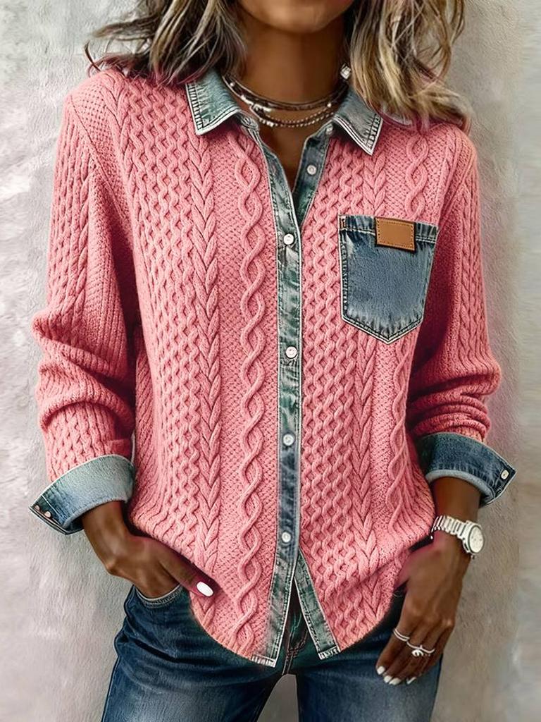 New Wind Knitted Patchwork Denim Shirt Women Autumn Winter Fashion Versatile Long Sleeve Cardigan Jacket