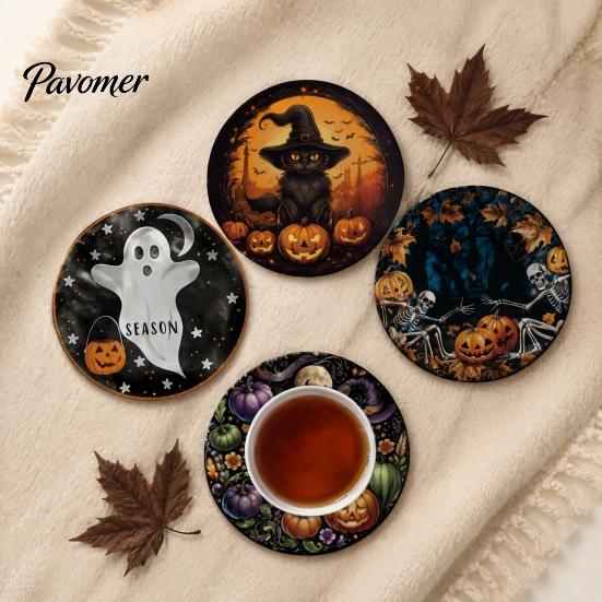 Decorative Placemats for Fall Home Decor Halloween Wooden Coasters, Dining Table, Heat Resistant Table Mats Coasters Party with Pumpkin Ghost Skeleton