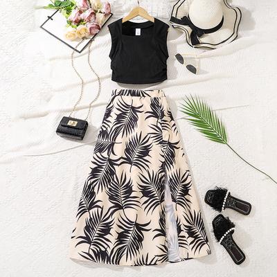 Girls' Clothing Summer New Skirt Printed Bustier + Sleeveless Knitted Top 7-12Y Children's Skirt Suit