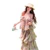 French floral off-the-shoulder suspender dress chiffon long dress seaside vacation beach cake dress summer