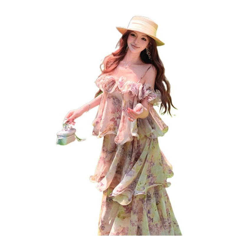 French floral off-the-shoulder suspender dress chiffon long dress seaside vacation beach cake dress summer