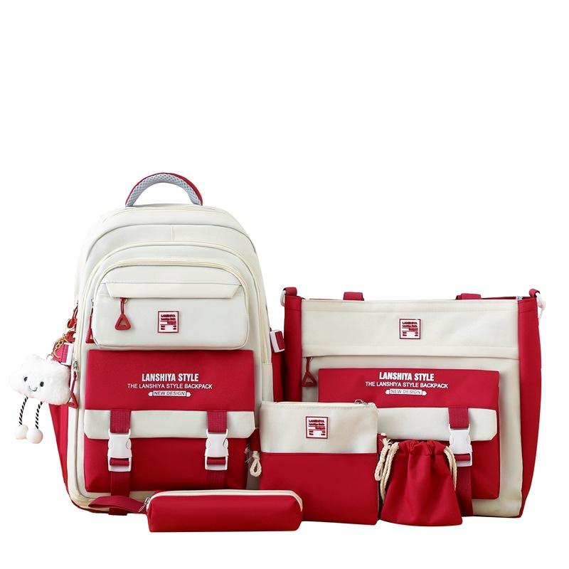 5-Piece Backpack Set Color Block Large Capacity School Bag Korean Style for High School College Students Travel