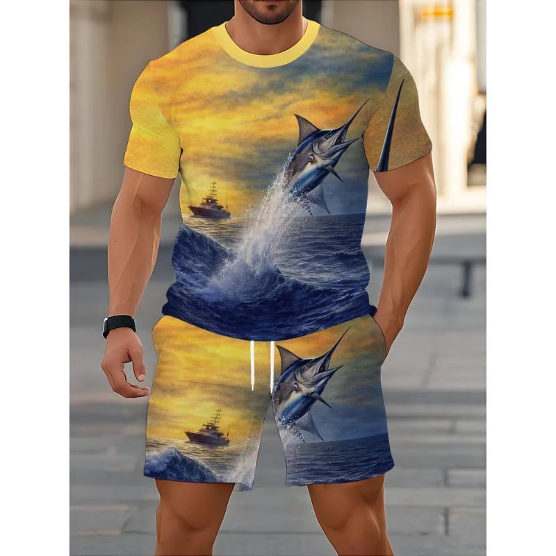Fashion Men's Casual Suit 3D Casual Color Printing Summer T-shirt Shorts Simple