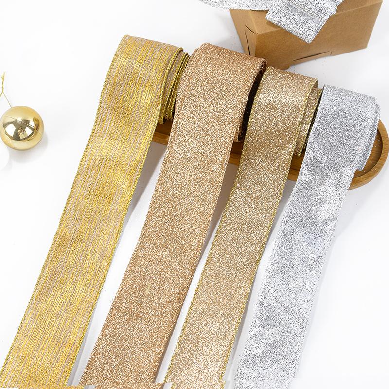 2M Christmas Ribbon Gold Silver Polyester Gliter Ribbon DIY Xmas Tree Bow Ornaments Kids Gifts Packaging Navidad Home Decoration
