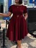 C8601 Women's European & American Round Neck Elegant A-line Dress with Puff Sleeves & Waist-Cinching Hem
