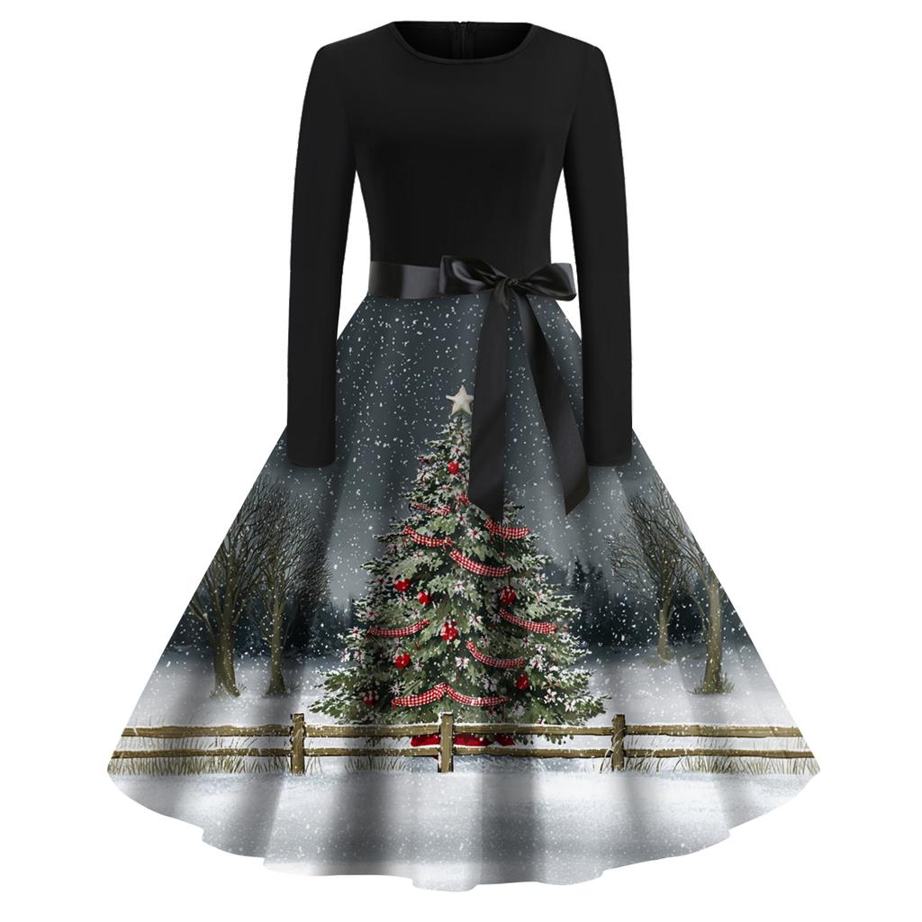 Rochie de damă la modă, rotundă, casual, slim fit, cu imprimeu de Crăciun, croială largă, cu mâneci lungi