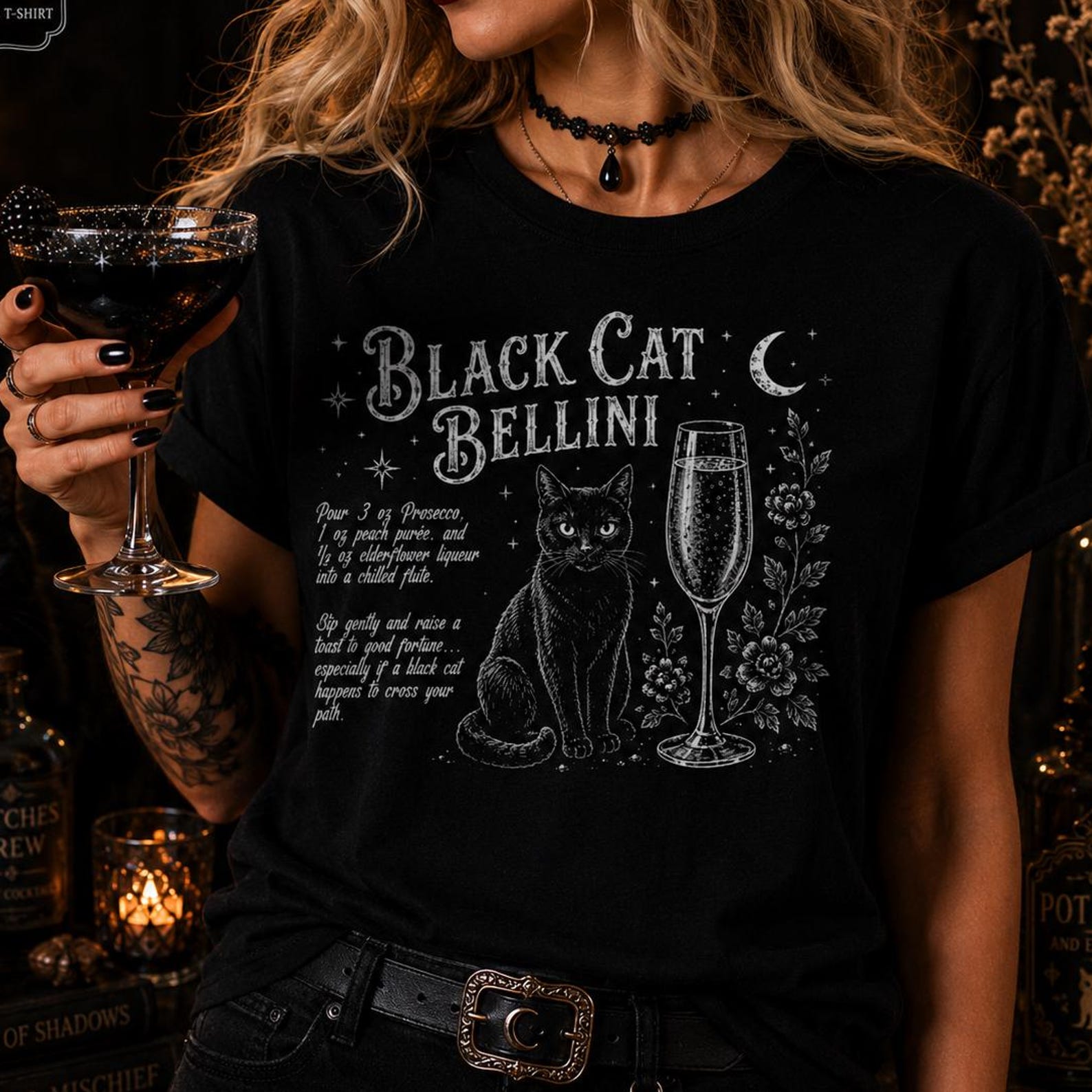 Black Cat Bellini Halloween Cocktail Recipe Shirt Witchy Tee Spooky Cocktail T-Shirt Gothic Halloween Shirt Witch Aesthetic Gift M