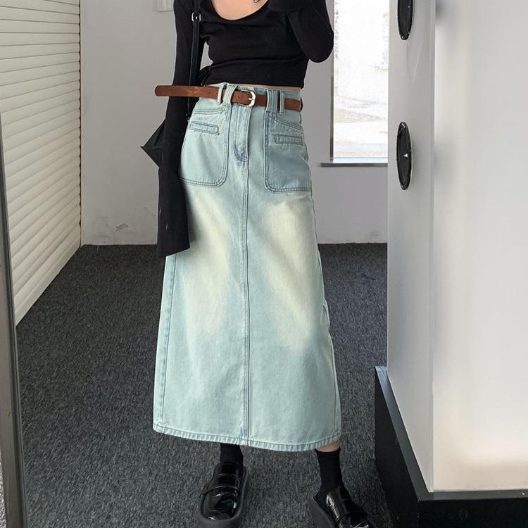 

Women s High Waist Light Blue Denim Midi Skirt with Slit - Korean Fashion A-line Extra Large чёрный