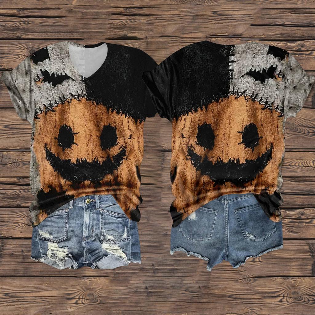 Women's Fashion Casual Three-quarter Sleeve Halloween Letters,  Face Print Top