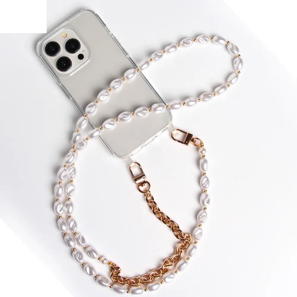 Pearl Bracelets Chain Crossbody Necklace Lanyard Phone Case For  Iphone 16 15 14 Pro 13 12 Mini 11 7 8 Plus Beige Cover