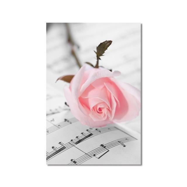 Literarisches Blumenplakat, romantische rosa Rose auf dem Personal, Druck, Leinwandmalerei, Kunstwand für Wohnzimmer, Schlafzimmer, Wohnkultur