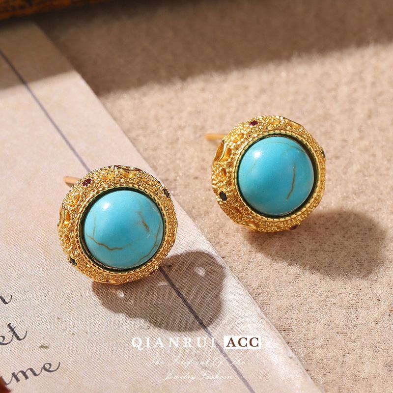 Французские серьги-гвоздики круглые ретро в стиле легкой роскоши, модные, простые, в стиле Ins, бирюзовые серьги, лето