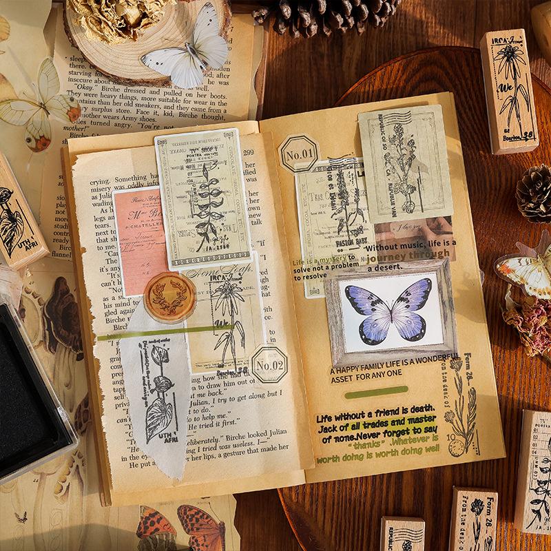 6pcs Botanical Wood Stamps Set, Floral Imprint Journal Seals, English Letter DIY Crafts