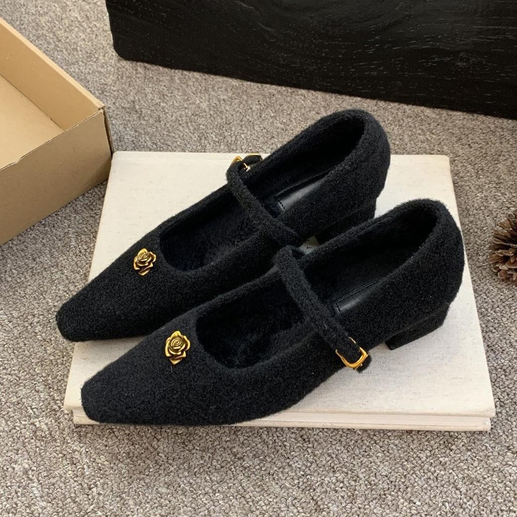 Gray Fluffy Shoes Women Wear New Winter French Fairy Fleece Single Shoes Thick Heel Mary Jane High Heels