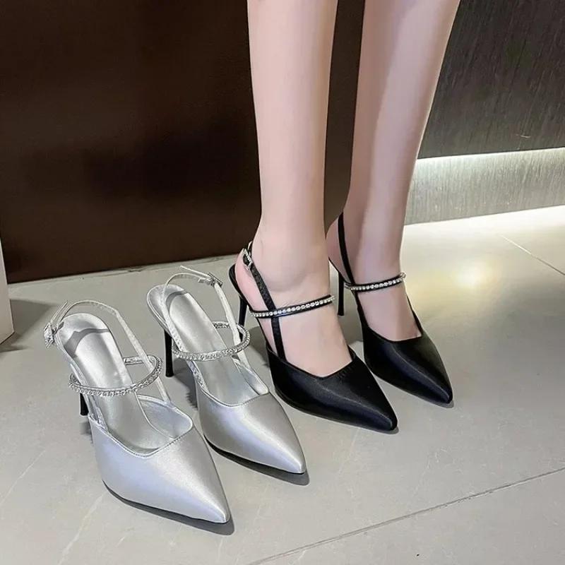 Shiny High Heels Slingback Silver Women Pumps Metallic Crystal Sandals Pointy Toe Stiletto Heeled Shoes Party Dress Zapatos