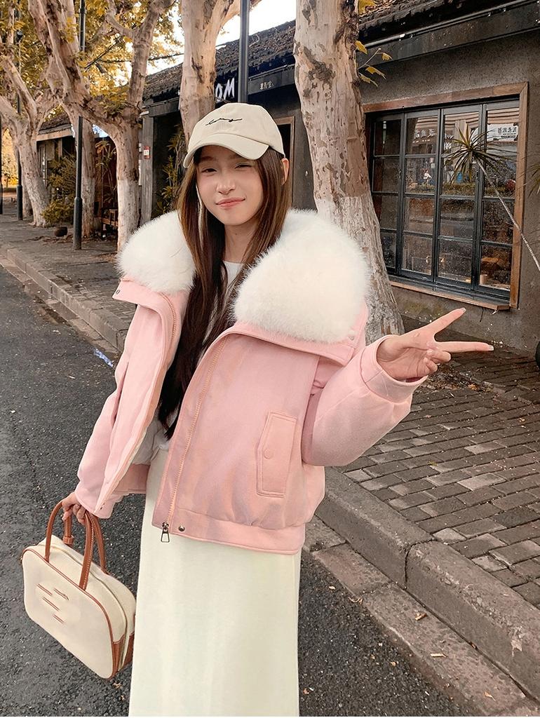 Women's Short Loose PU Winter Jacket Suede Bronzing Big Fur Collar