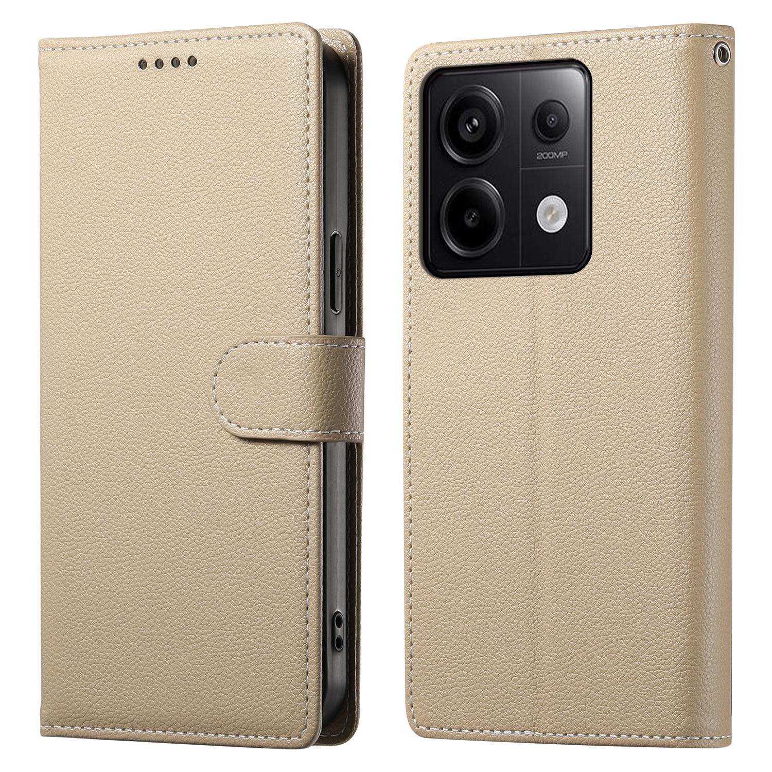 

DF-012 Чехол для Xiaomi Redmi Note 13 Pro 5G/Poco X6 5G Кожа с текстурой личи Магнитная застежка Кошелек Подставка Чехол для телефона с ремешком на запястье Apricot