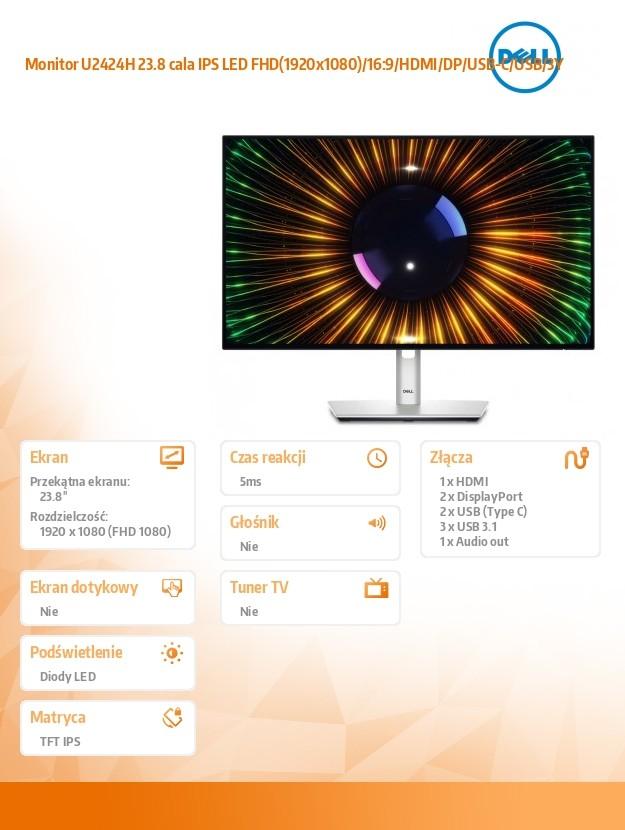 Monitor U2424H 23.8 inches IPS LED FHD(1920x1080)/16:9/HDMI/DP/USB-C/USB/3Y