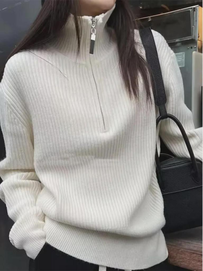 Women's Half-Zip Turtleneck Sweater, Stylish Gray Knit for Autumn/Winter, Age-Defying Top
