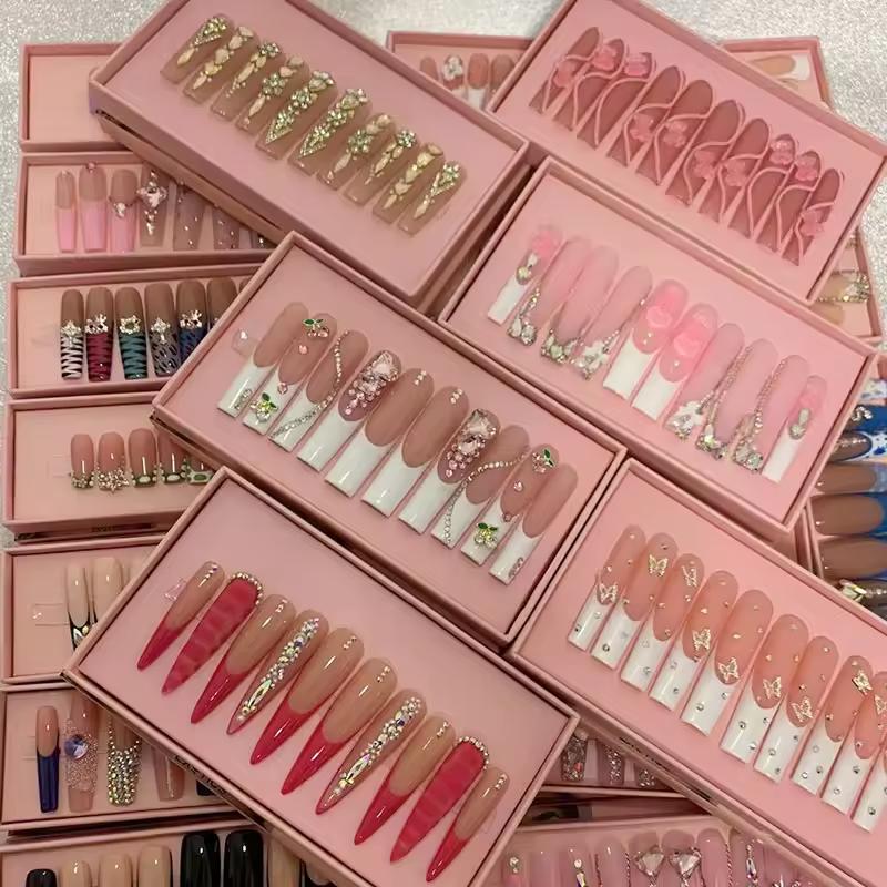 French Tip Press On Nails Long Coffin False Nails Press On Acrylic Glue On Nails Full Cover False Nails Wearable Fake Nails Set