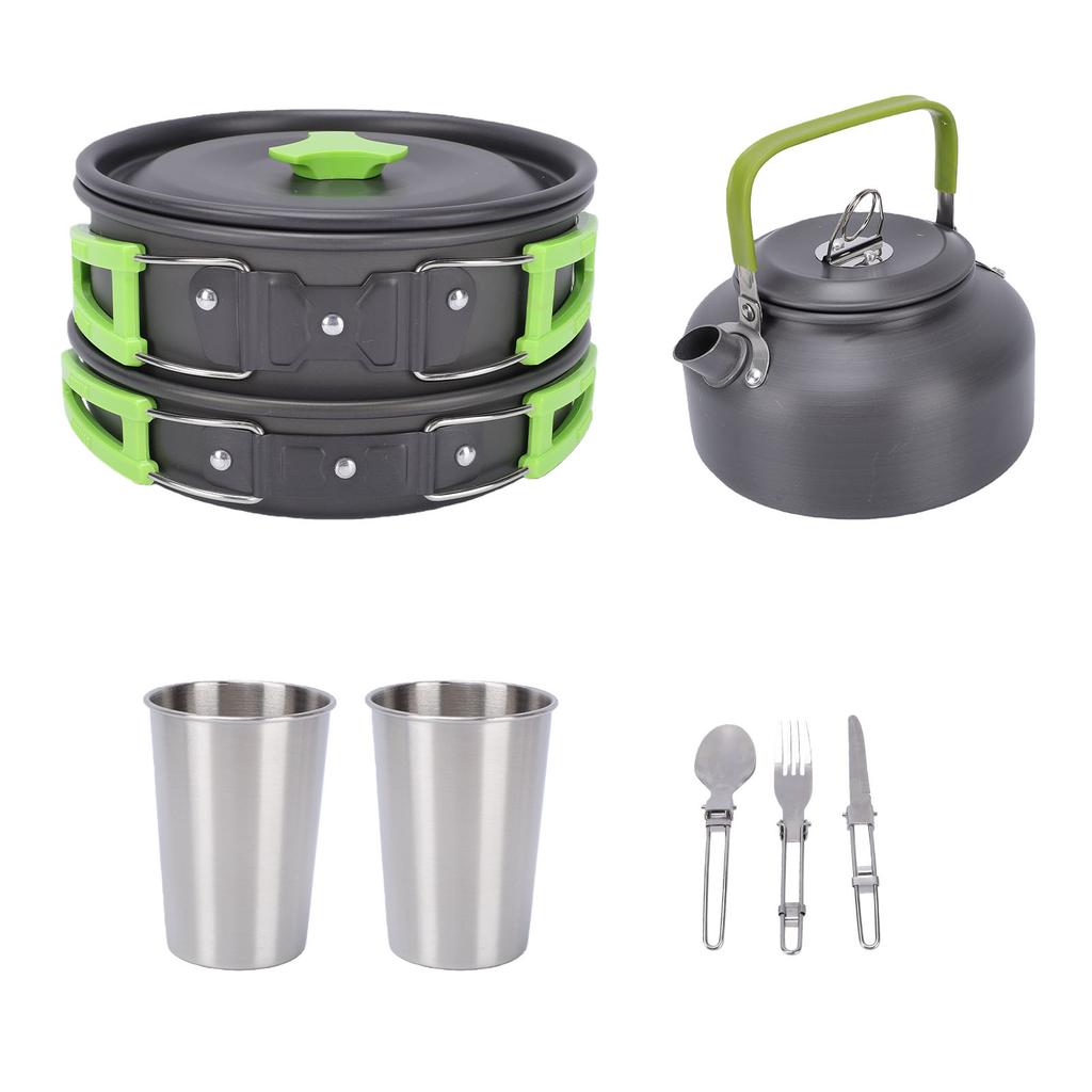 Camping Cookware Mess Kit Lightweight Anti Stick Camping Pot Pan Kettle Set with Utensils Stainless Steel Cups for